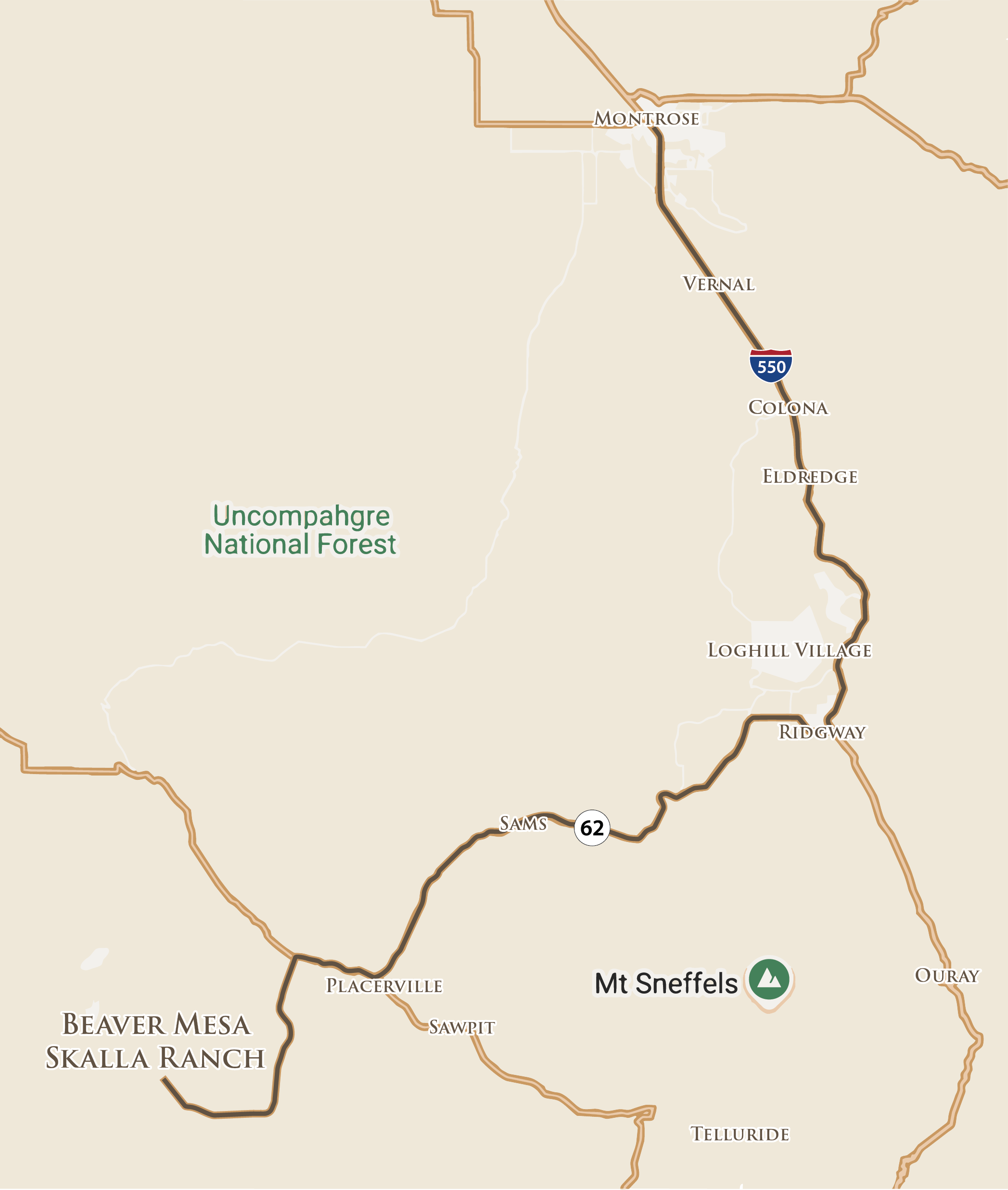 Route map from Montrose to County Road M44 near Placerville